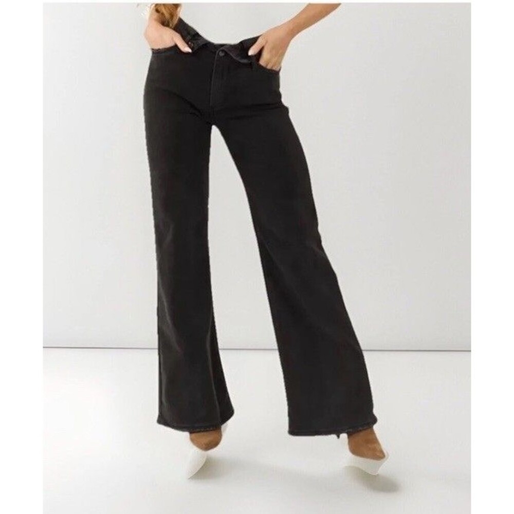 Risen Women's Folded Waist High Rise Wide Leg Jeans Size 13/31 Black Raw Hem